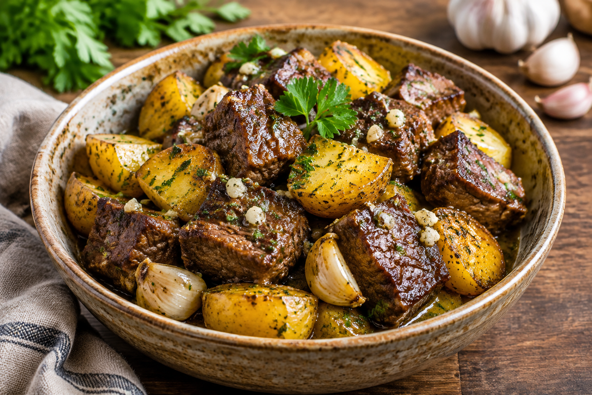 Slow cooker garlic butter beef bites and potatoes garnished with parsley
