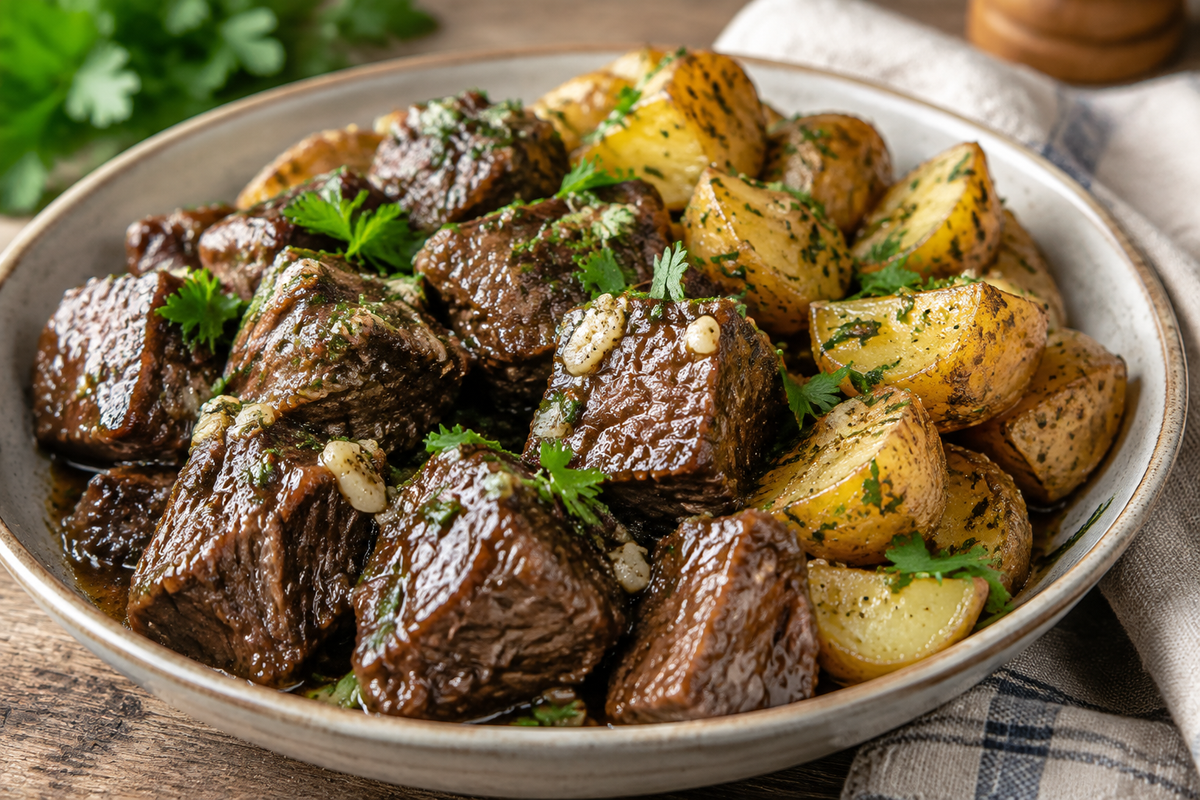 Slow cooker garlic butter beef bites with potatoes garnished with parsley on rustic wooden surface
