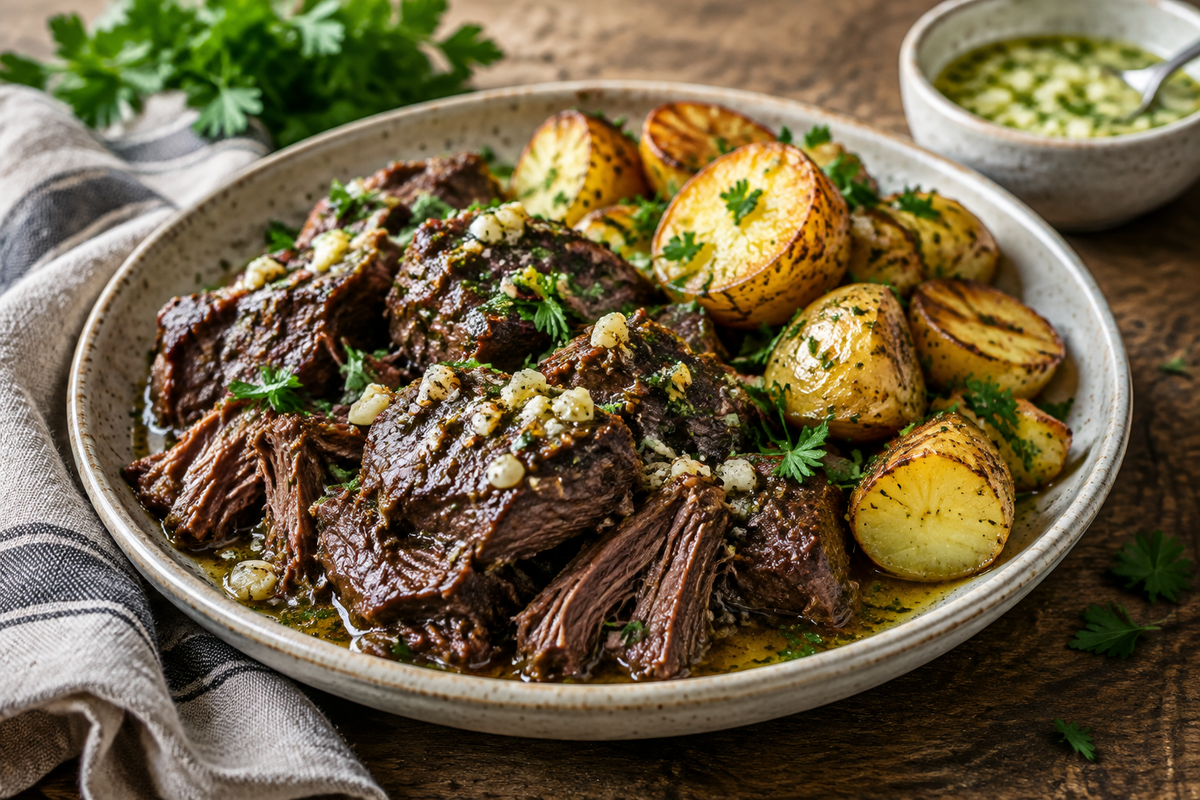 Slow cooker beef with garlic butter and potatoes garnished with parsley, tender and flavorful slow cooker beef