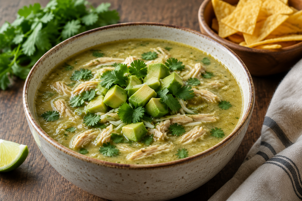 Creamy green enchilada chicken soup garnished with cilantro and avocado, showcasing green enchilada chicken soup