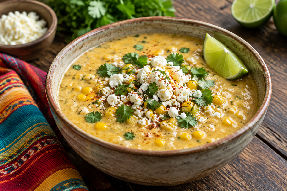 Slow cooker Mexican street corn soup garnished with cilantro and cotija cheese