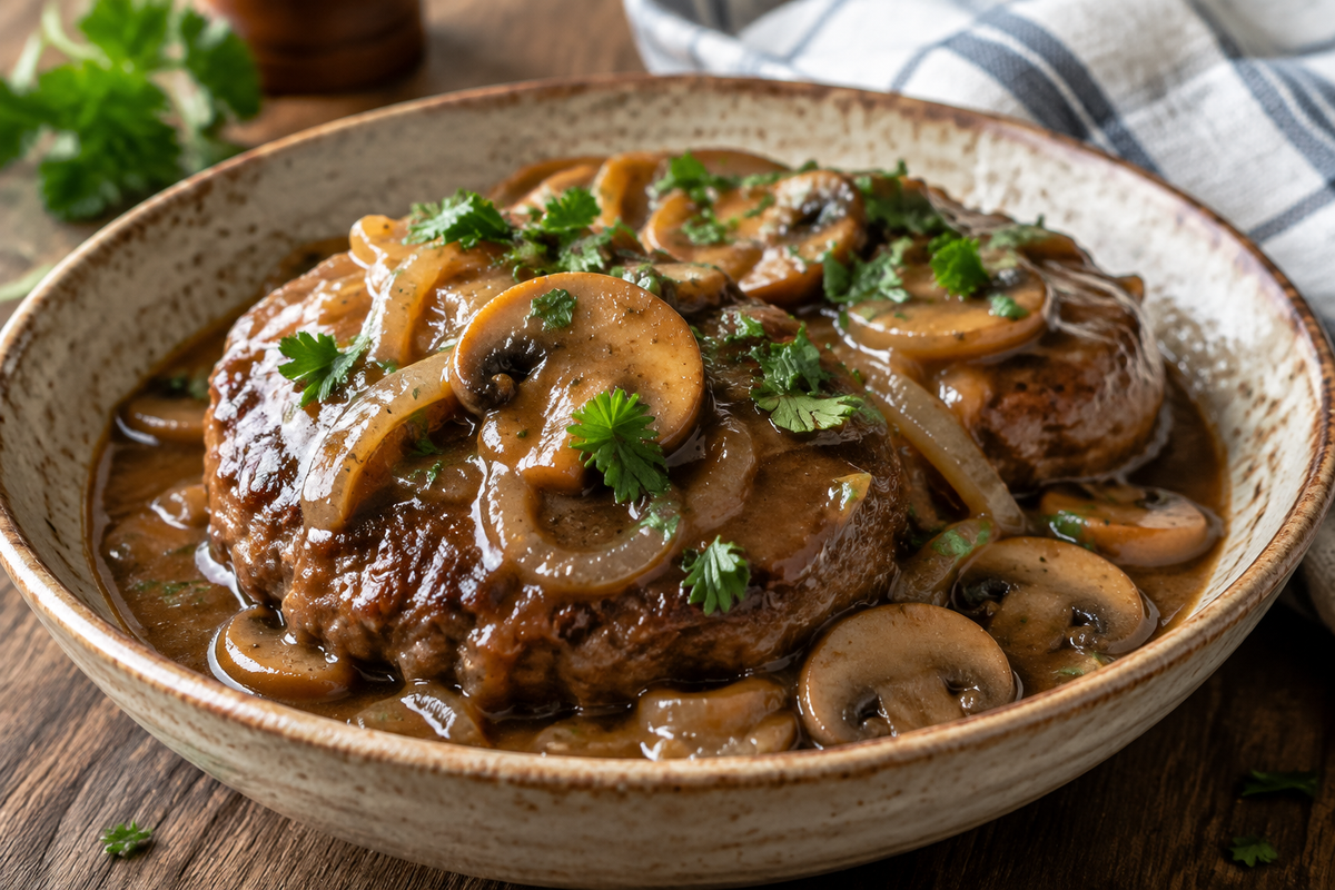 Slow cooker Salisbury steak with mushroom gravy and parsley garnish on rustic bowl