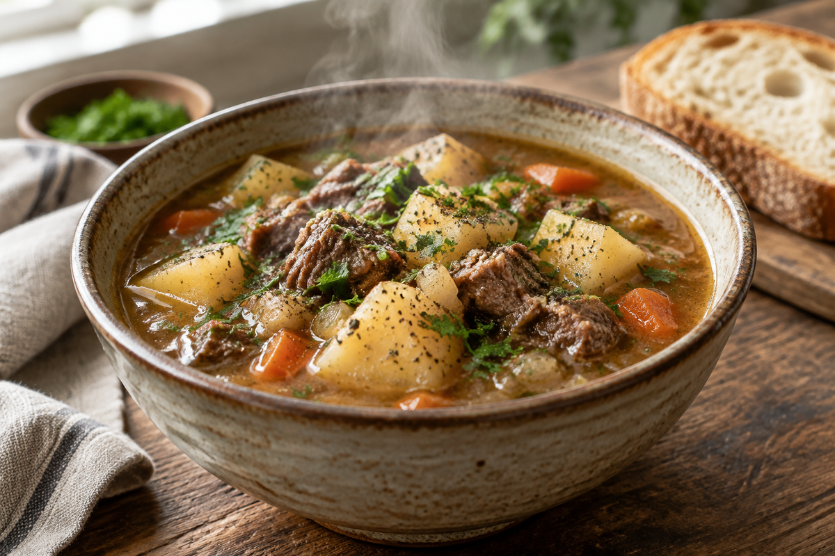 Hearty slow cooker savory potato beef soup garnished with parsley in rustic bowl