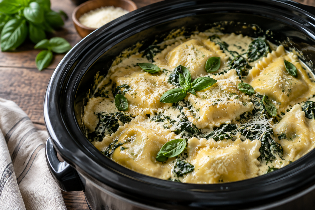 Creamy spinach and cheese million dollar ravioli in a slow cooker bowl, garnished with basil and Parmesan