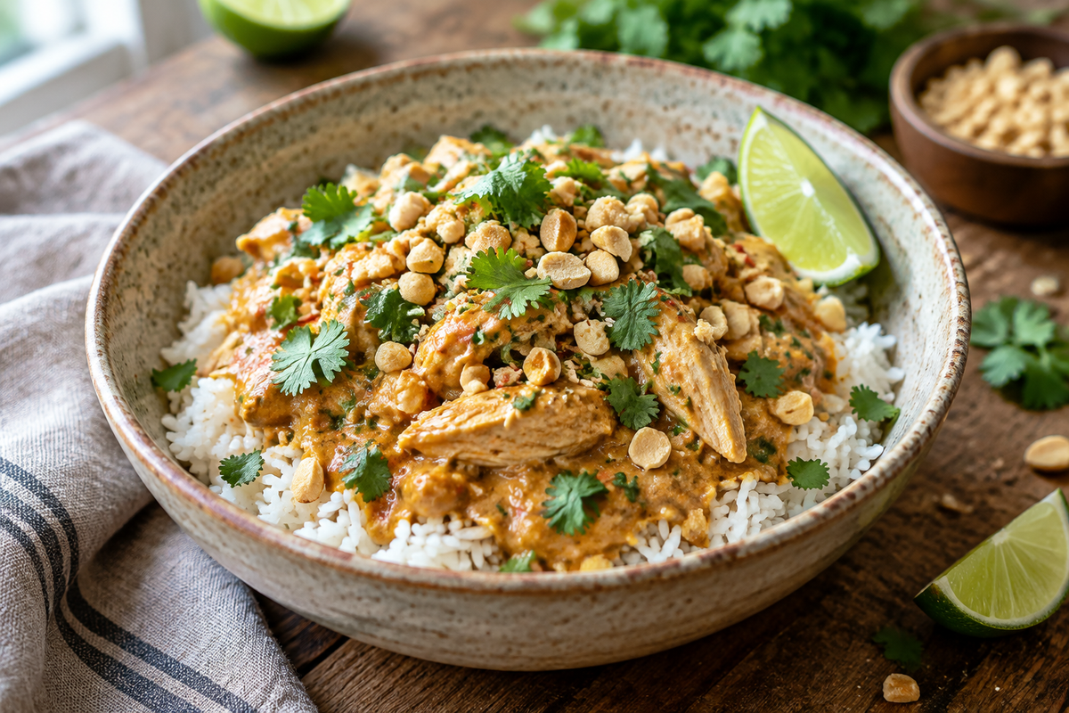 Slow cooker Thai peanut chicken bowl with chopped peanuts and fresh cilantro over jasmine rice