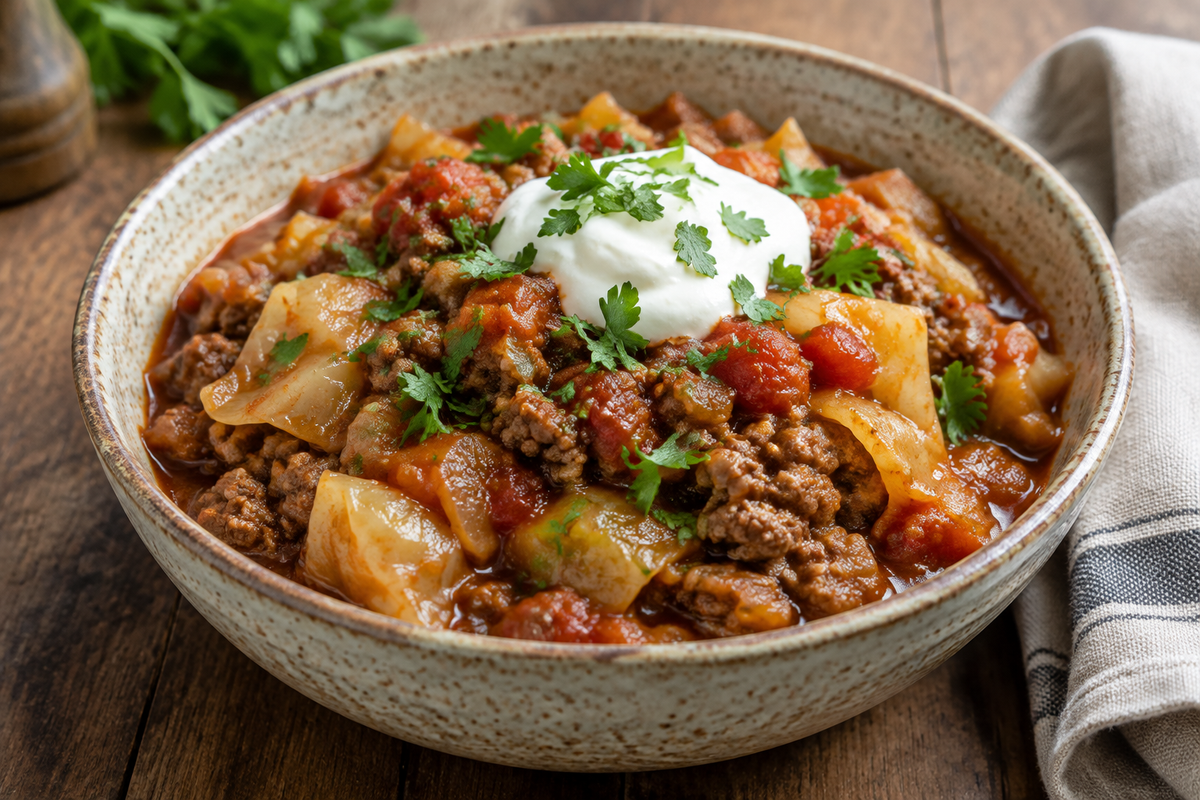 Slow cooker unstuffed cabbage rolls in a bowl with tomato sauce and parsley garnish