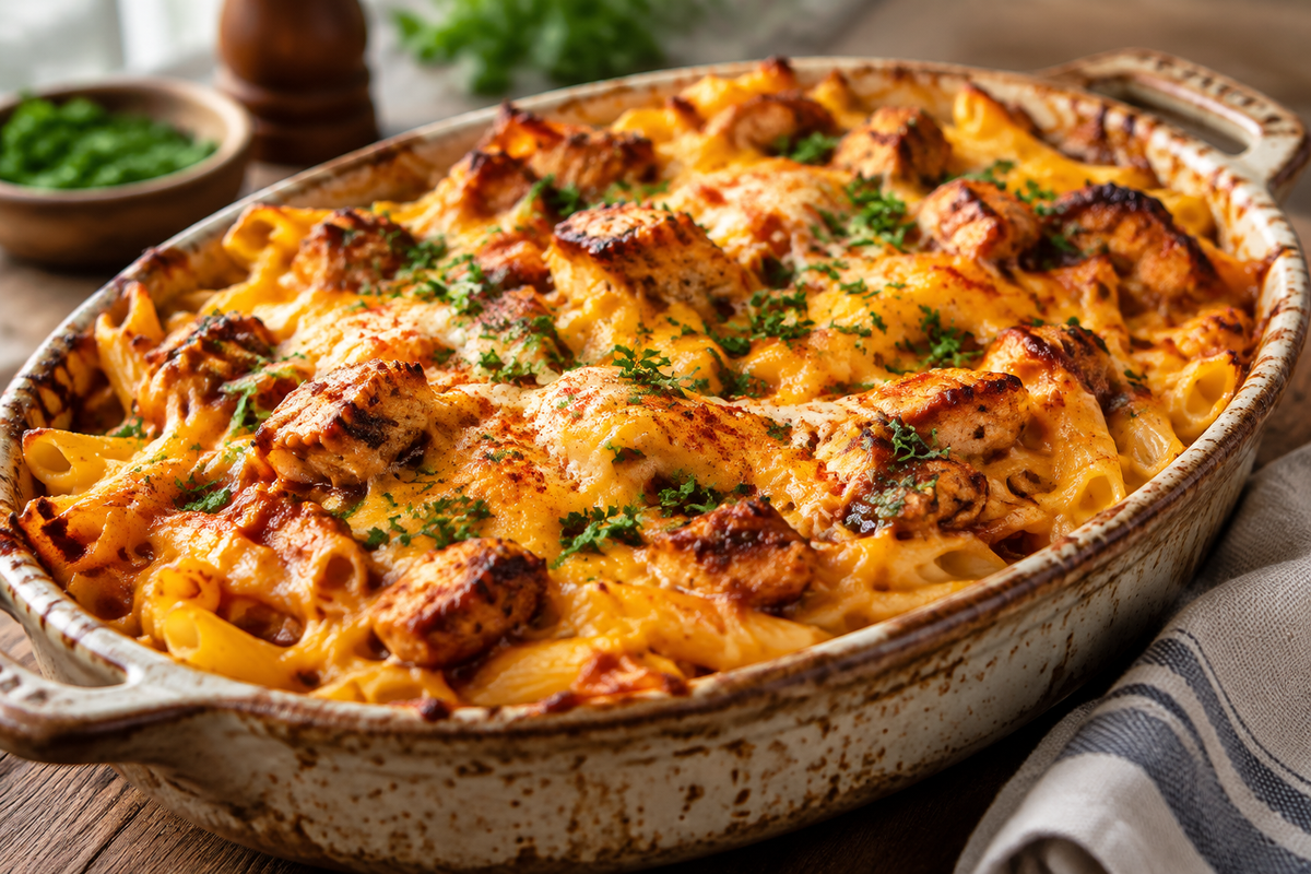 Smoky BBQ chicken pasta bake topped with melted cheddar and garnished with parsley