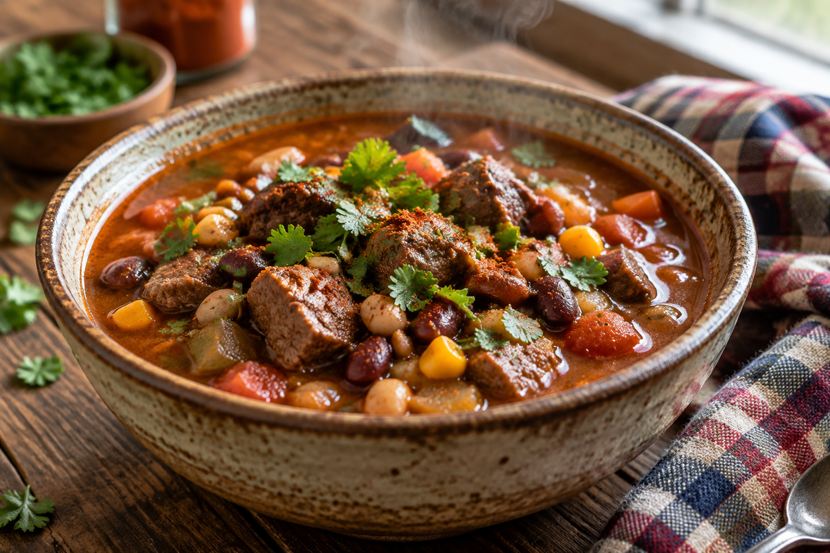 Smoky cowboy soup in rustic bowl garnished with cilantro and smoked paprika