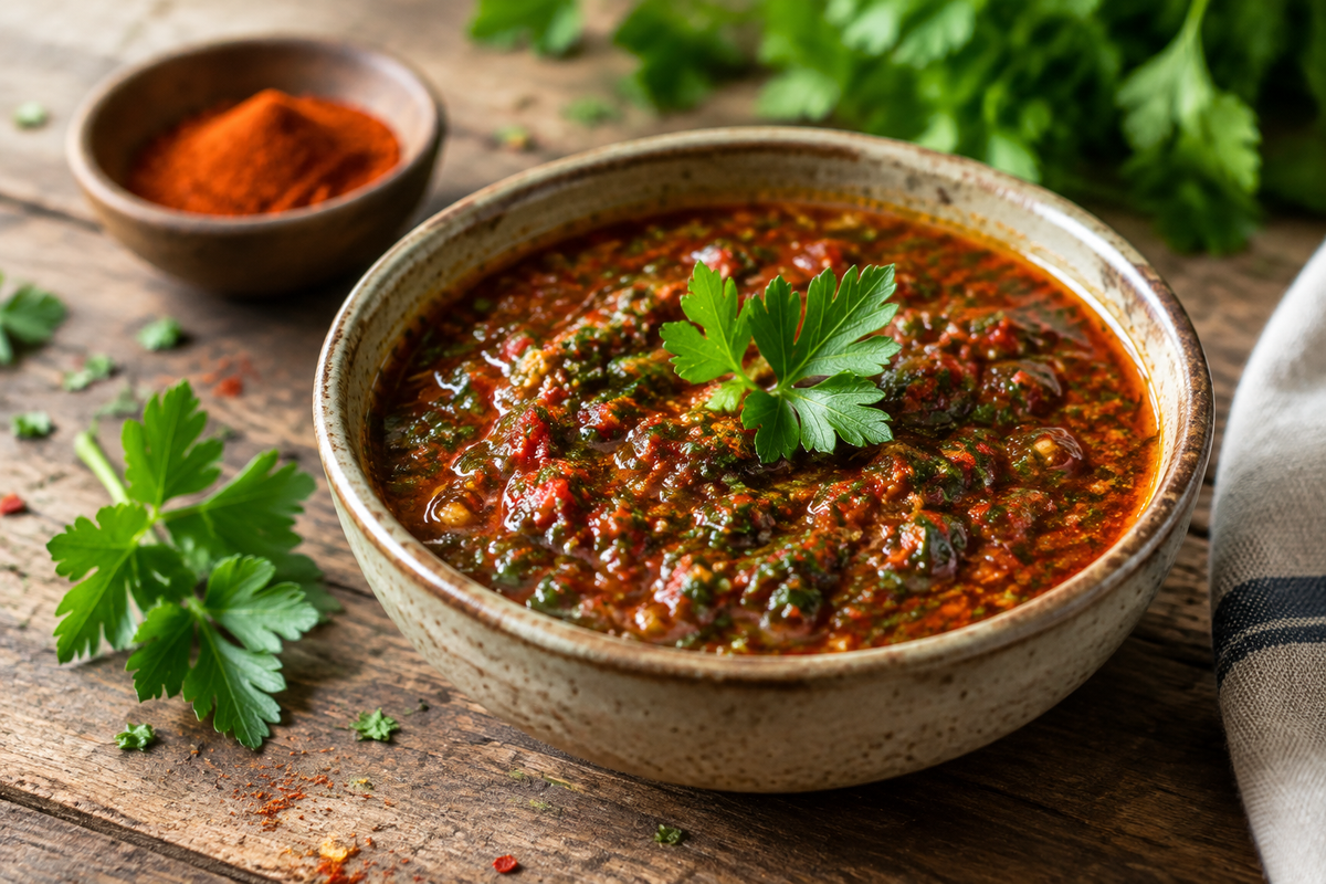 Bowl of smoky red chimichurri sauce with herbs and smoky spices, perfect for grilled meats