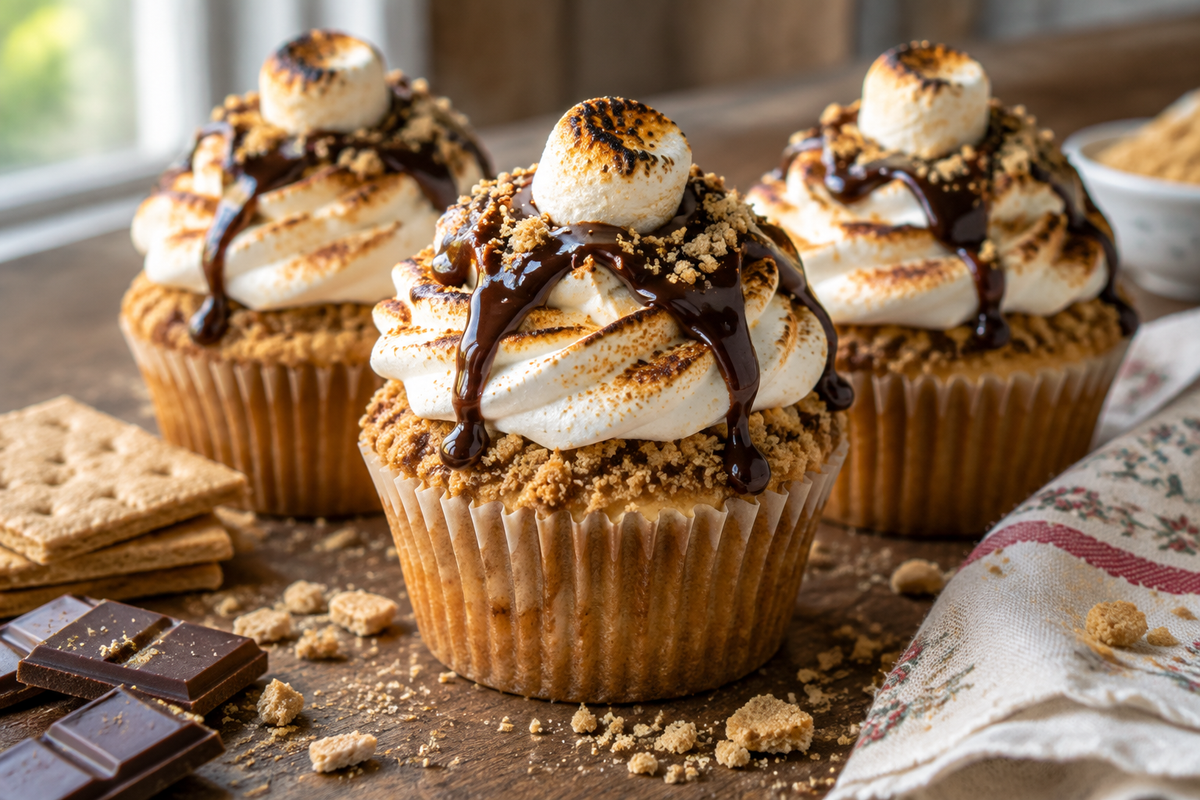Close-up of three s'mores cupcakes with toasted marshmallow frosting and chocolate drizzle, showcasing s'mores cupcakes