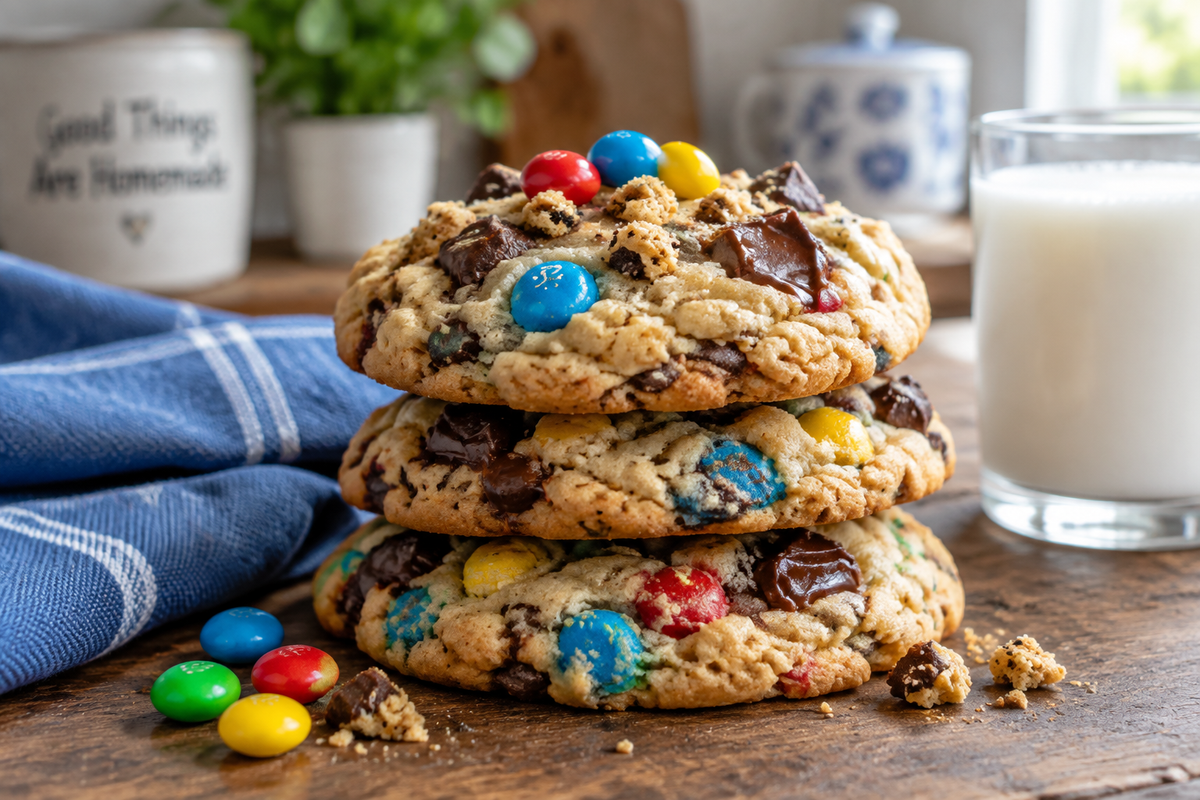 Soft and chewy cookie monster cookies with colorful chips and chocolate chunks on rustic wood, cookie monster cookies