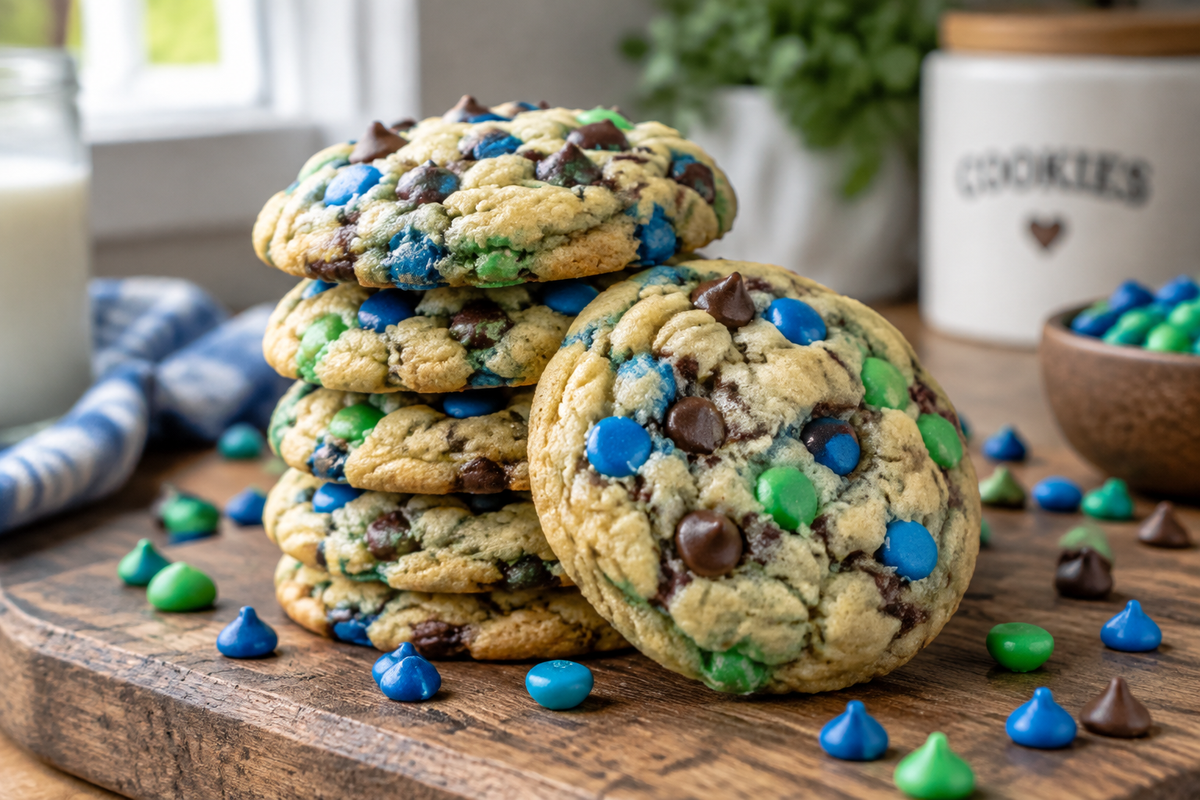 Soft and chewy cookie monster cookies with colorful chips stacked on a wooden board