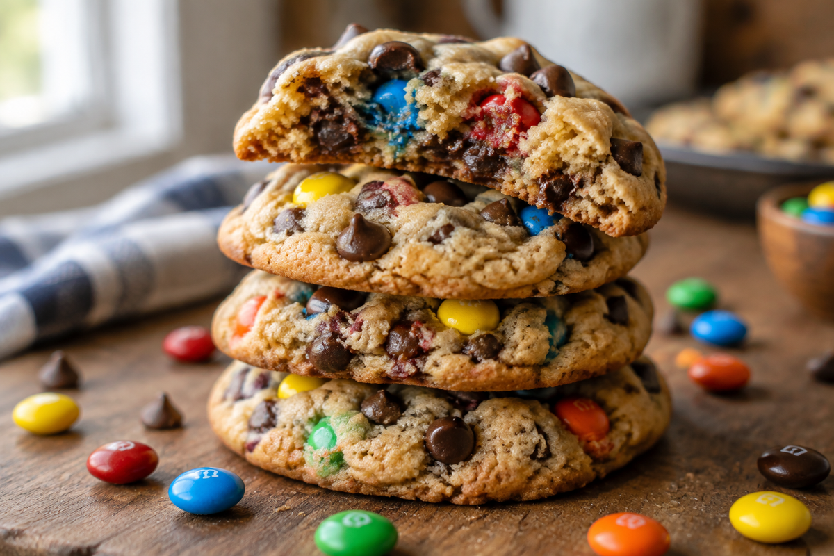 Soft and chewy cookie monster cookies with colorful M&Ms and chocolate chips stacked on rustic surface
