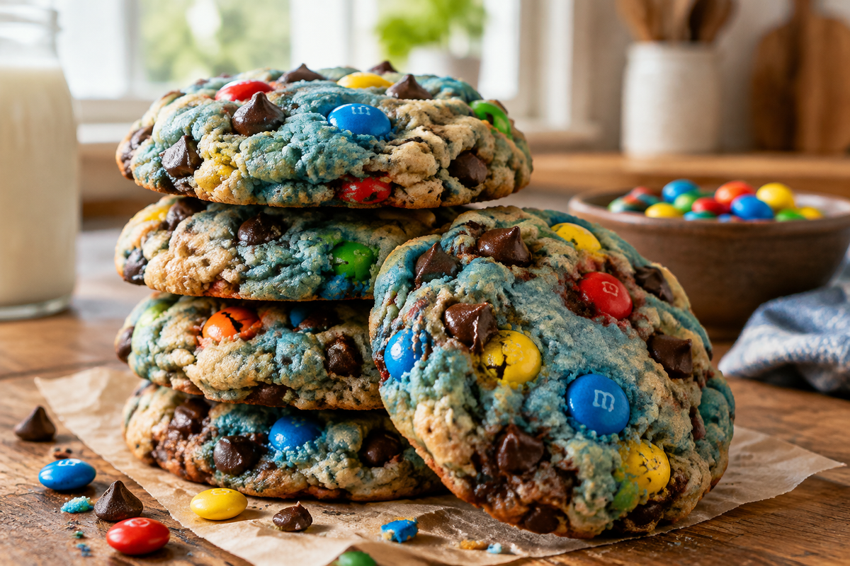 Soft and chewy cookie monster cookies with colorful candy pieces and chocolate chips