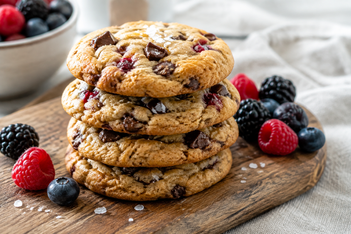 Stack of soft chewy cookies, ultimate chocolate-free delight, garnished with sea salt and fresh berries