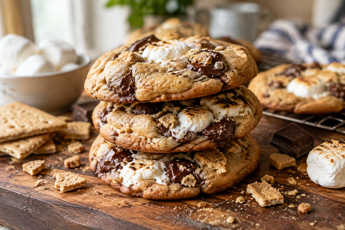 Soft chewy s’mores cookies stacked with gooey marshmallows and melted chocolate on a rustic surface