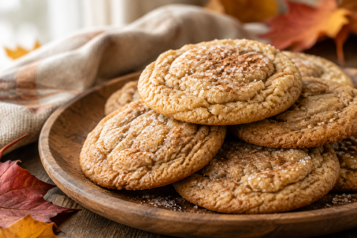 Soft maple brown sugar cookies with warm spices on rustic plate, maple brown sugar cookies