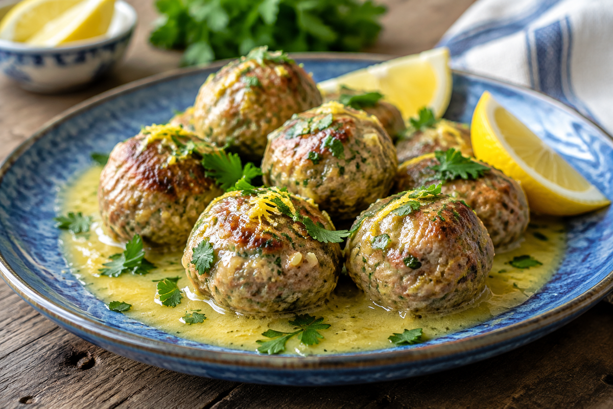 Softest and juiciest Greek meatballs in lemon sauce garnished with parsley and lemon wedges