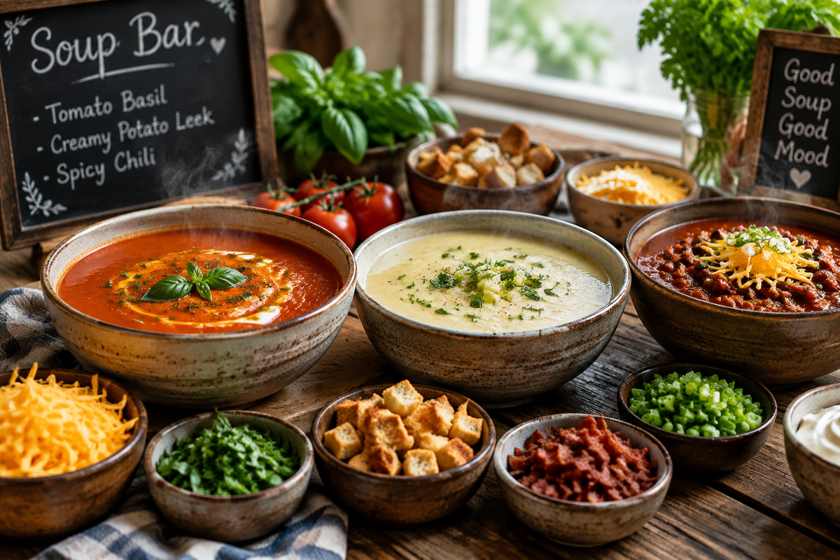 Cozy soup bar ideas with bowls of tomato basil soup, potato leek soup, chili, and assorted toppings