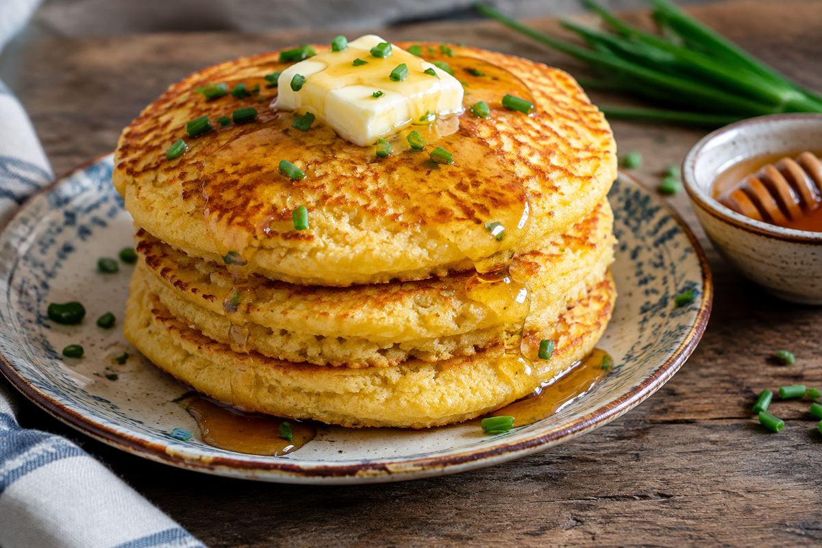 Stack of southern jiffy cornbread pancakes topped with butter and maple syrup