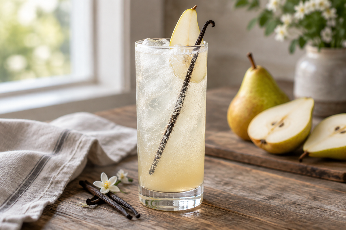 Glass of sparkling vanilla pear mocktails garnished with pear slice and vanilla bean pod