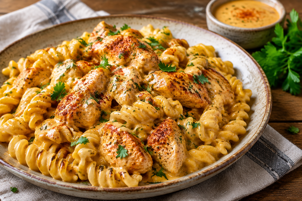 Creamy cajun velveeta alfredo rotini pasta with garlic chicken and parsley garnish