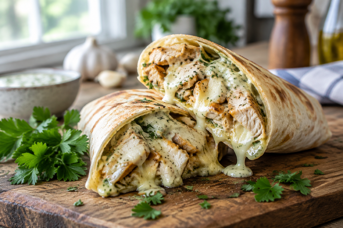 Cheesy garlic chicken wraps with melted cheese and garlic sauce on wooden board, cheesy garlic chicken wraps