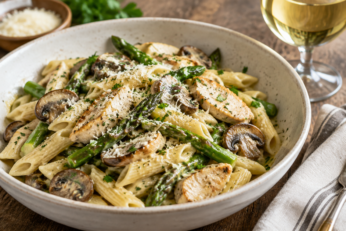 A bowl of creamy mushroom asparagus chicken penne with fresh parsley garnish