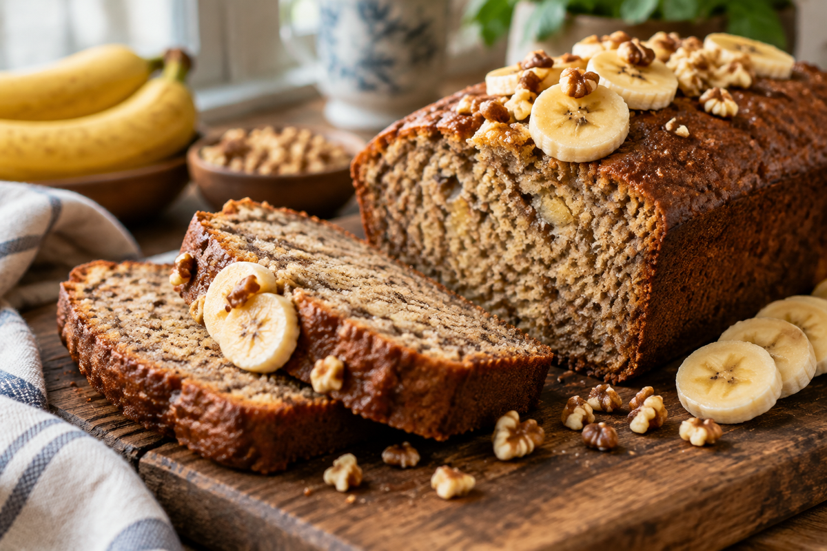 Speedy one-bowl banana bread recipe sliced on wooden board with banana and walnuts