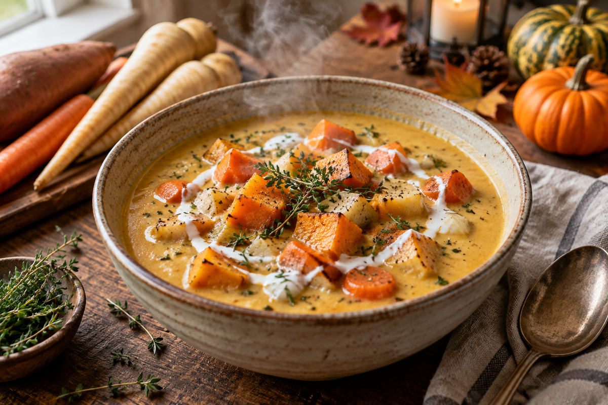 Vegan root chowder with roasted vegetables and fresh thyme garnish in a rustic bowl