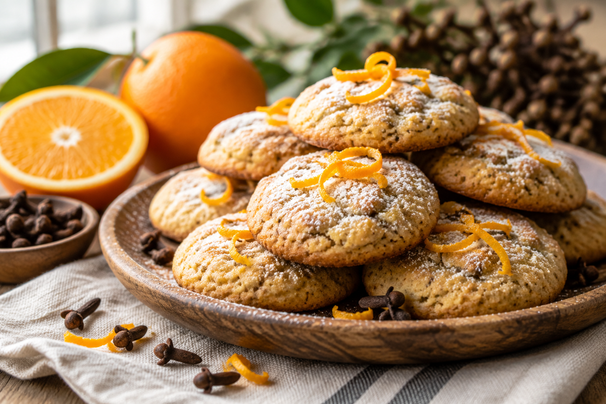 Stack of orange clove cookies with orange zest garnish, showcasing orange clove cookies in natural light