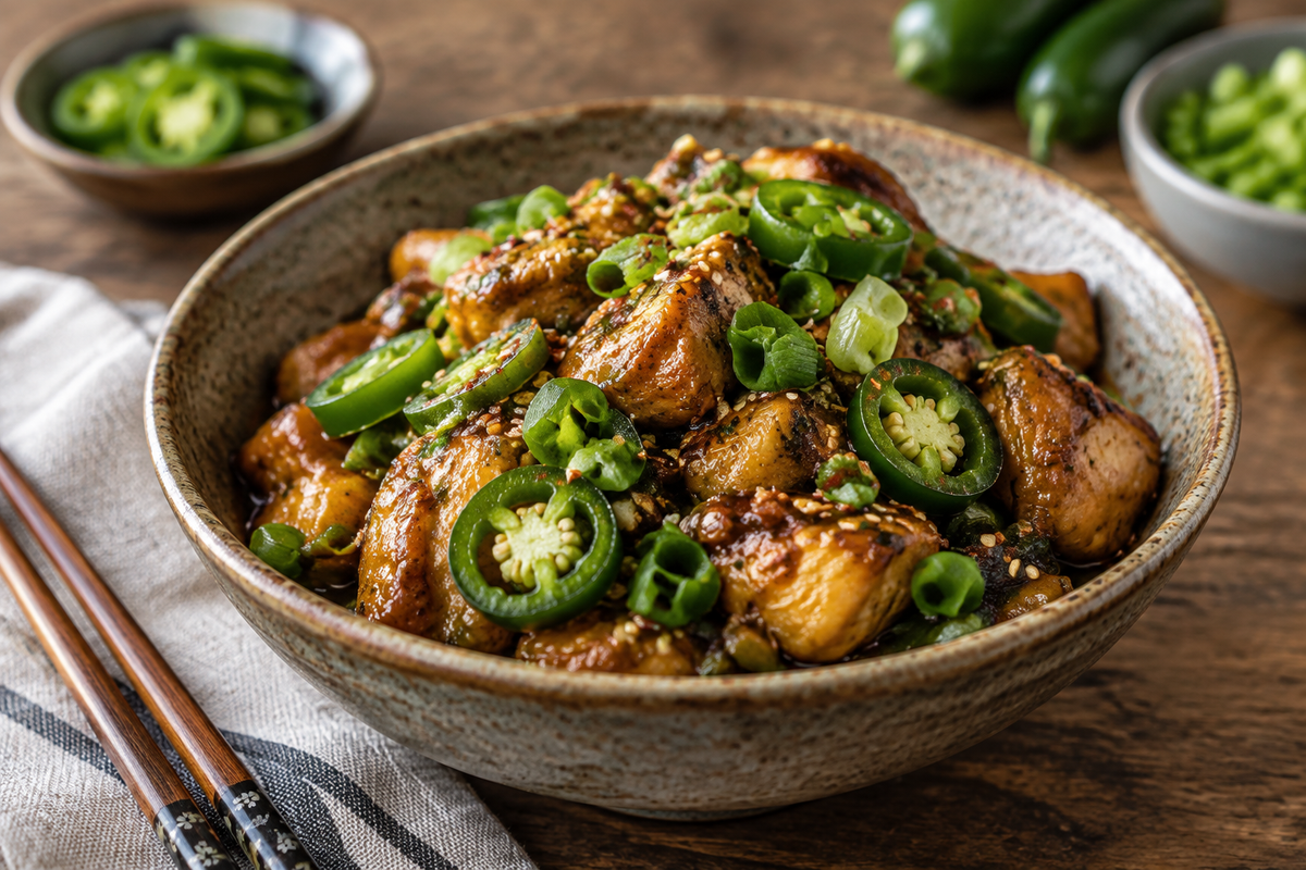 Asian jalapeno chicken in a bowl garnished with sliced jalapenos and green onions