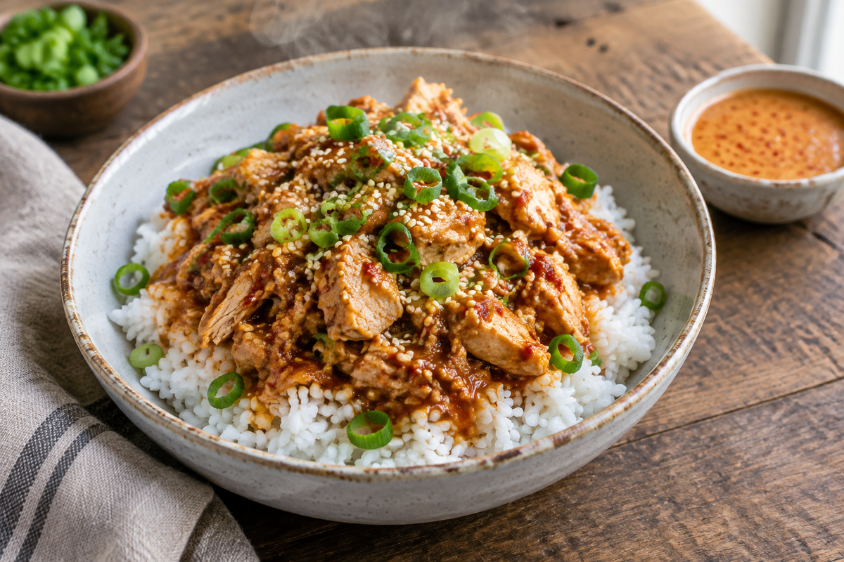 Spicy bang bang turkey rice bowl garnished with green onions and sesame seeds