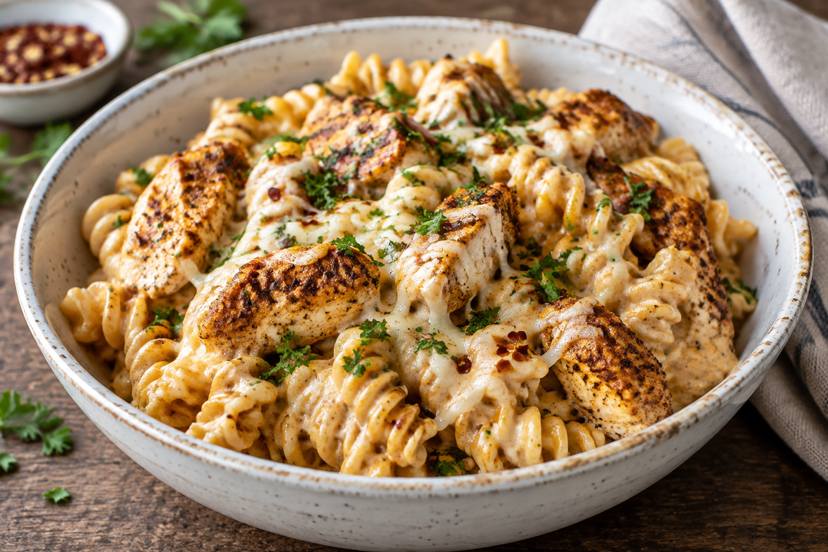 Spicy Cajun chicken rotini pasta in creamy mozzarella Alfredo sauce garnished with parsley