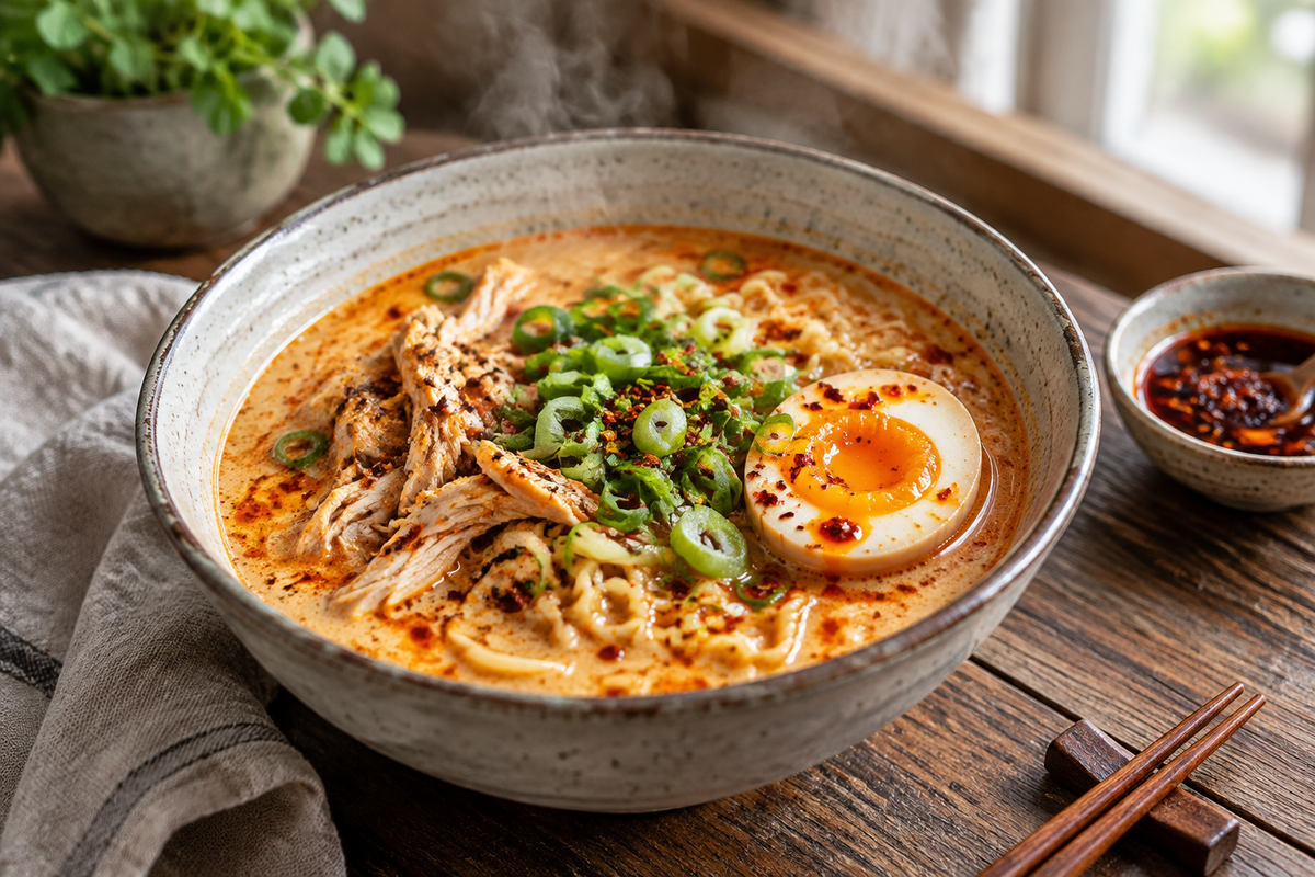 Spicy creamy chicken ramen bowl with green onions and soft boiled egg, vibrant and comforting