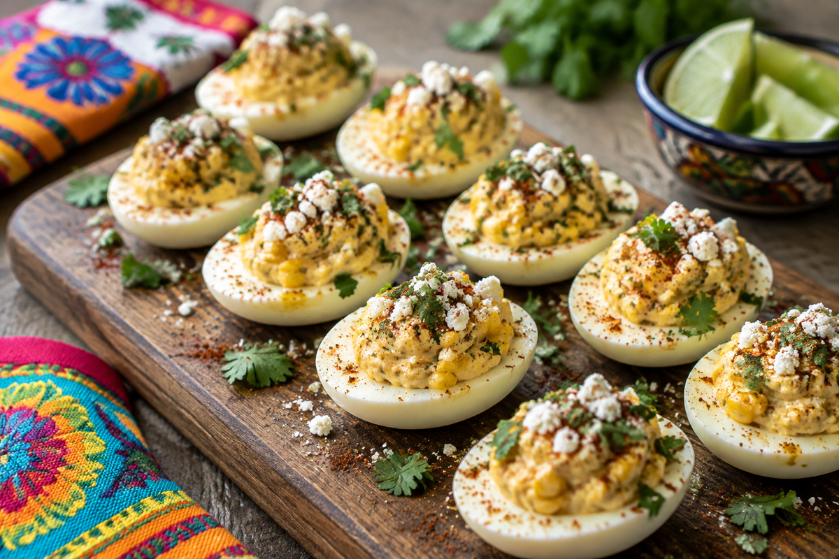 Plate of spicy elote deviled eggs garnished with cotija cheese and chili powder, showcasing spicy elote deviled eggs
