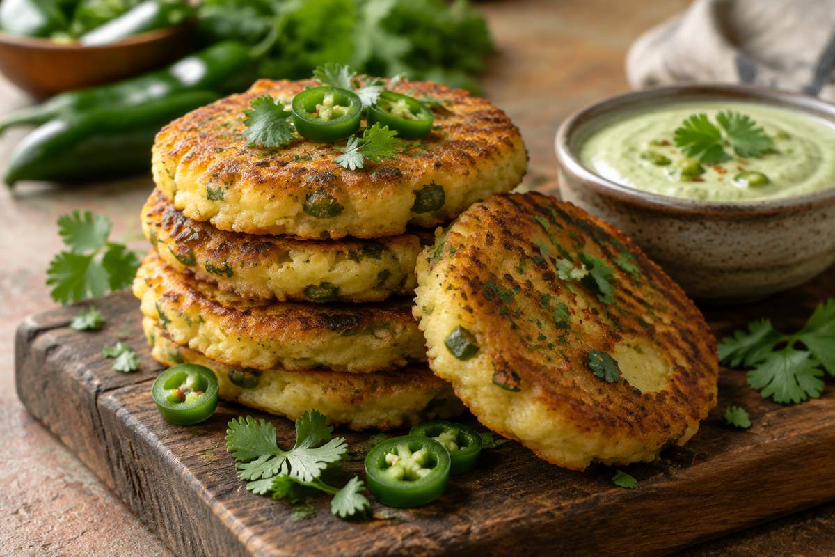 Spicy green chile potato cakes served with creamy green chile dip garnished with cilantro
