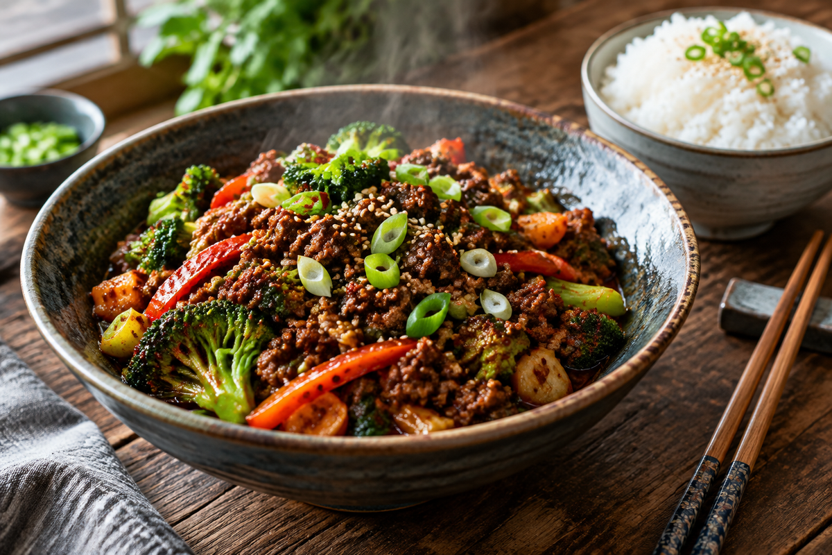 Spicy ground beef stir-fry bowl with garlic veggies delight garnished with green onions and sesame seeds