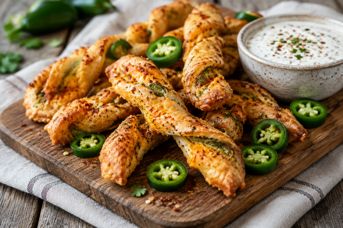 Crispy spicy jalapeno twists snack garnished with jalapeno slices and dip, perfect for game night