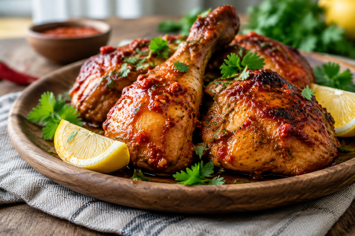Spicy Portuguese peri peri chicken served with lemon wedges and herbs on a rustic wooden plate