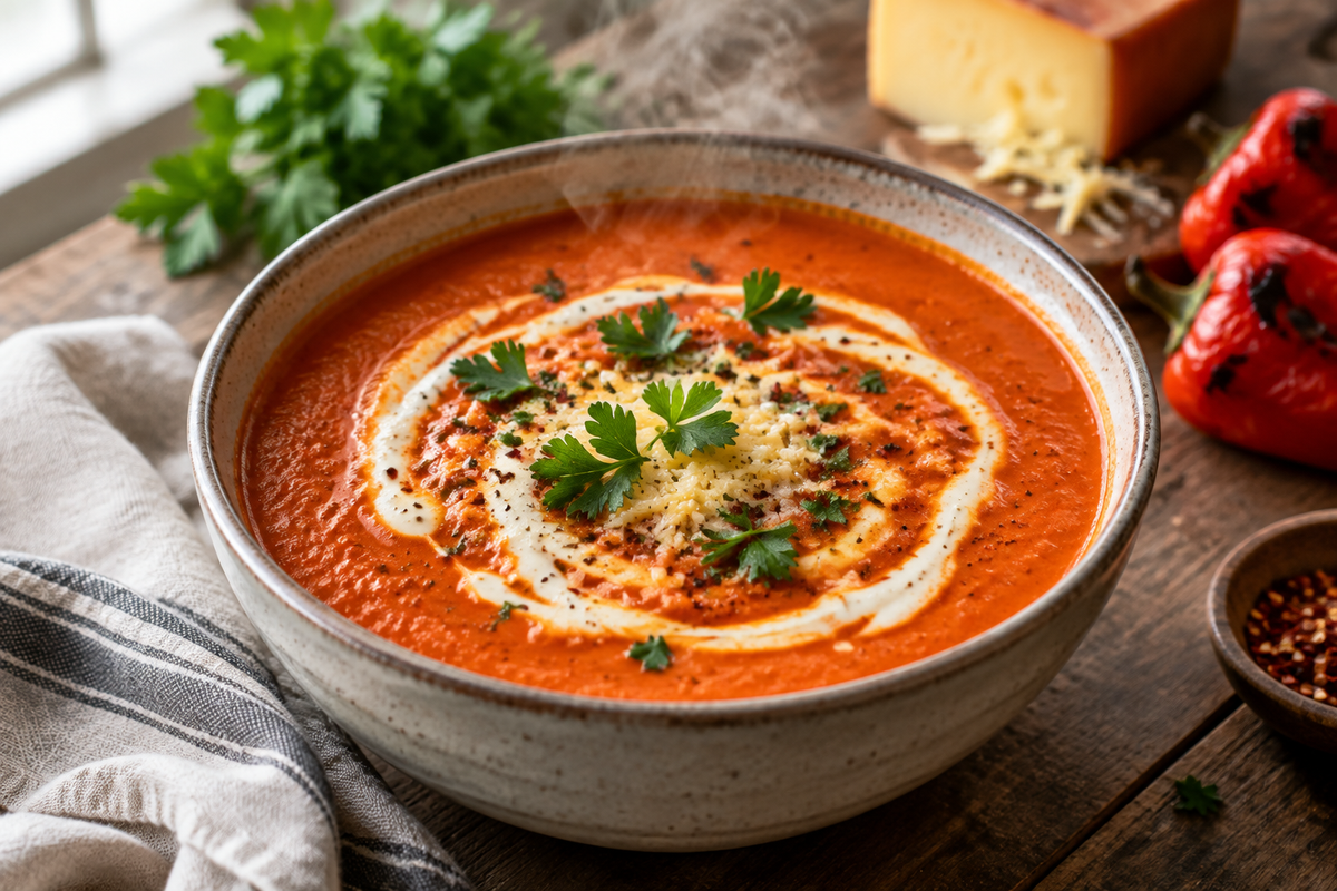 Creamy spicy roasted red pepper smoked gouda soup garnished with parsley in a rustic bowl