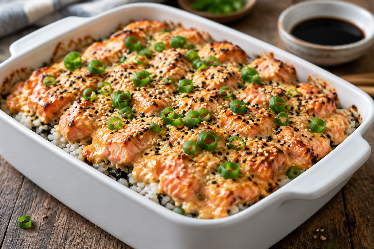 Close-up of spicy salmon sushi bake topped with creamy spicy mayo and green onions, showcasing the spicy salmon sushi bake dish