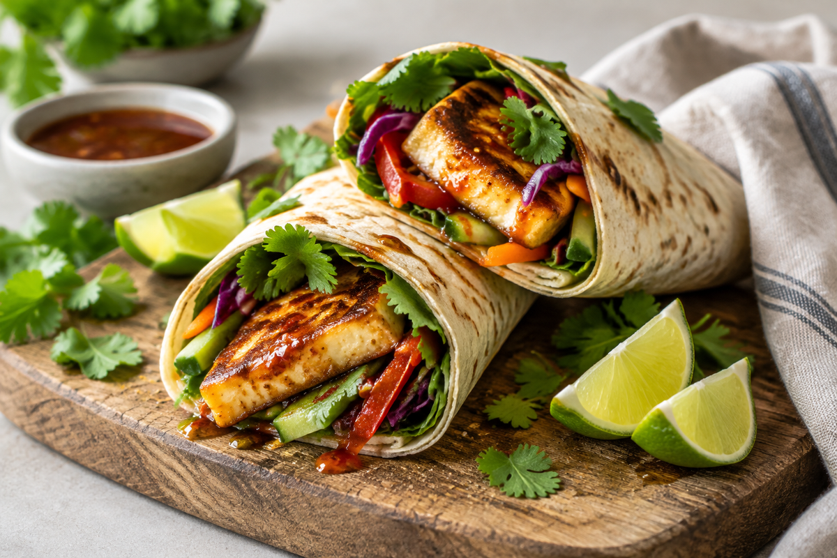 Spicy sweet chili halloumi wraps with fresh veggies and cilantro garnish on rustic board, halloumi wraps