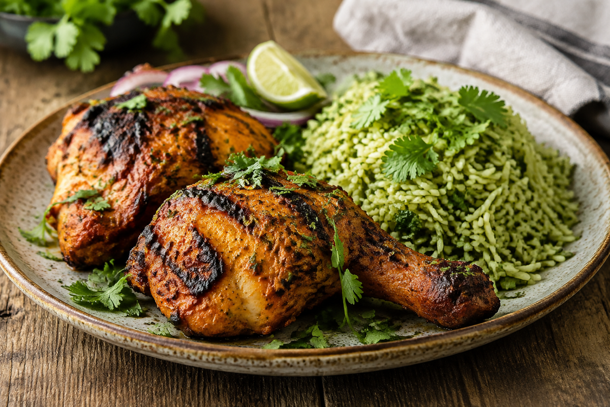 Spicy yogurt-marinated chicken tandoori served with fragrant cilantro rice on a rustic plate