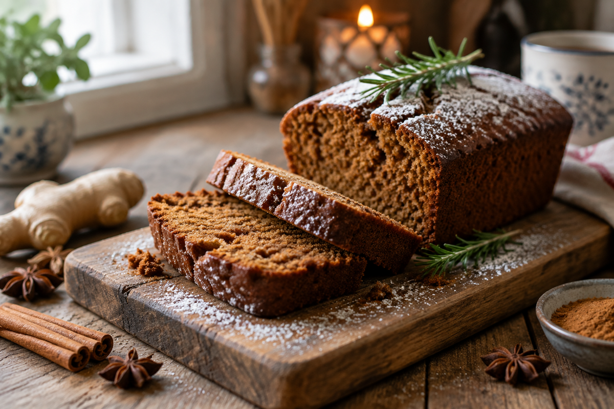 A moist gingerbread loaf copycat recipe sliced on a wooden board with powdered sugar and rosemary garnish