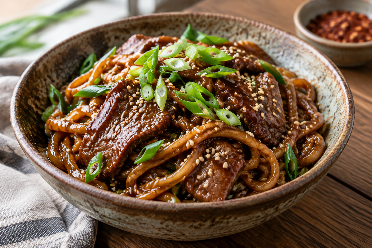 Sticky beef noodles in a bowl with tender beef, rich sauce, and green onion garnish