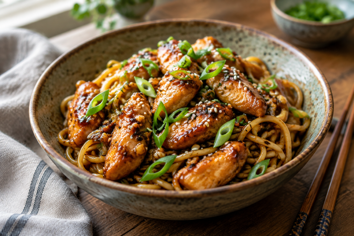 Sticky garlic chicken noodles in a rustic bowl garnished with green onions and sesame seeds