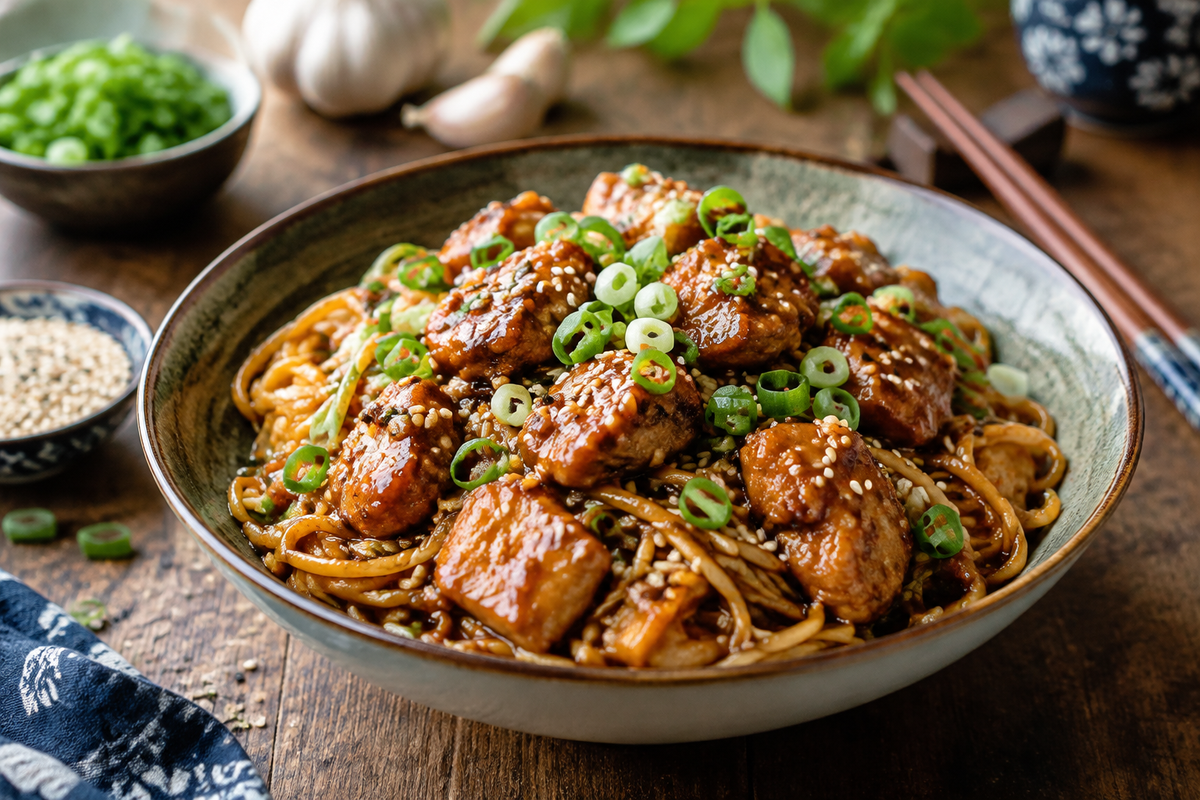 Sticky garlic chicken noodles served on a rustic plate garnished with green onions and sesame seeds