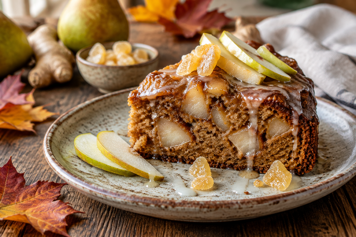 Sticky pear ginger cake slice garnished with fresh pear and crystallized ginger, sticky pear ginger cake