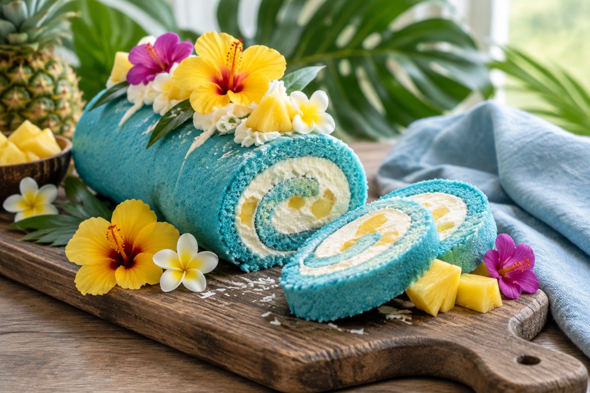 Stitch-inspired tropical blue cake roll with creamy filling and tropical fruit garnish